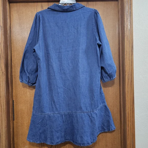 Denim Dress Blue V-Neck 3/4 Length Puff Sleeves Midi Dress NWT Size Large - Picture 3 of 11
